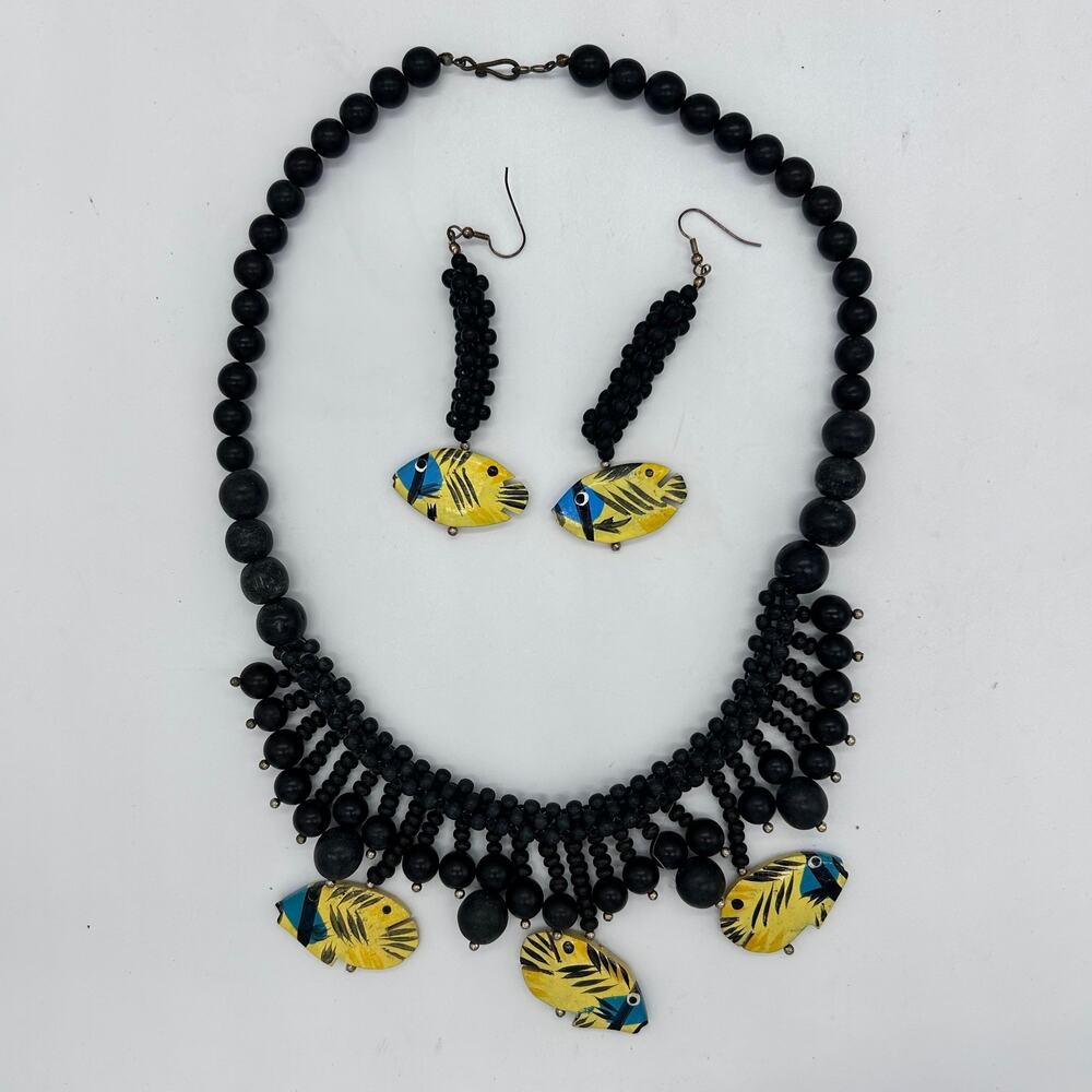 Vintage Fish Necklace Earrings Set Yellow Tropical Wood Beaded Costume Jewelry